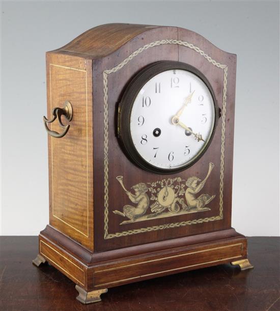 An Edwardian inlaid mahogany mantel clock, 11.5in.